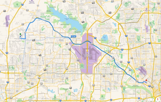 Not as simple as it looks. HWY 114 is a hard drive, perhaps the hardest I've experienced in the Metro. Many fast lane changes, constantly merging, suddenly the road splits. One wrong turn costs a lot of time.