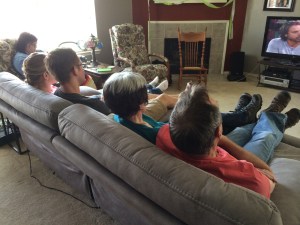 Family and friends watching TV while waiting for food. My 50th was a great birthday!